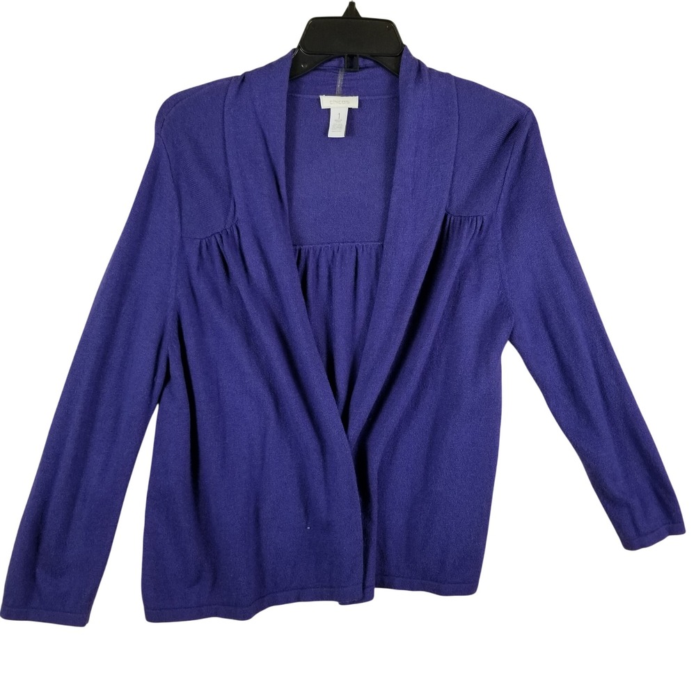 Chicos Purple‎ Silk Angora Blend Open Front Cardigan Sweater Gathered Sz 1 US M